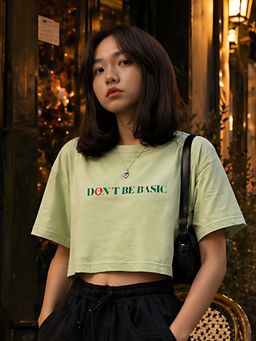 Don’t be basic - Green Typography Short Sleeve Boxy Crop T-Shirt
