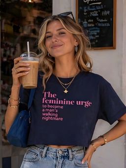 Don’t be basic - Navy Blue Typography Short Sleeve Boxy Crop T-Shirt