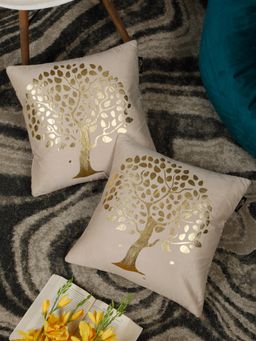 HOSTA HOMES - Foil Printed Soft Velvet Cushion Covers Cream (16 x 16 inches)
