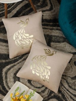 HOSTA HOMES - Foil Printed Soft Velvet Cushion Covers Cream (16 x 16 inches)