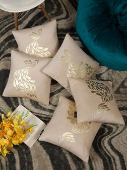 HOSTA HOMES - Foil Printed Soft Velvat Cushion Covers Cream (16 x 16 inches)