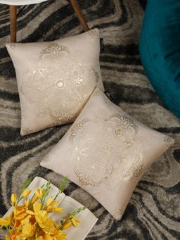 HOSTA HOMES - Foil Printed Soft Velvet Cushion Covers Cream (16 x 16 inches)