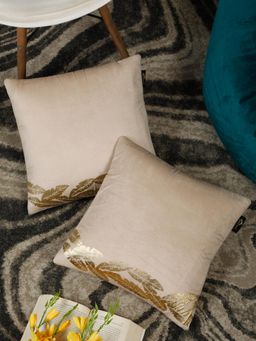 HOSTA HOMES - Foil Printed Soft Velvet Cushion Covers Cream (16 x 16 inches)