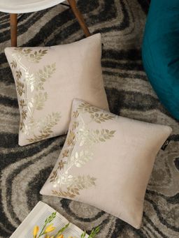 HOSTA HOMES - Foil Printed Soft Velvet Cushion Covers Cream (16 x 16 inches)