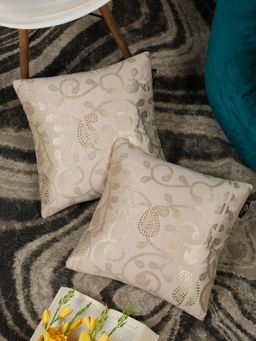 HOSTA HOMES - Foil Printed Soft Velvet Cushion Covers Cream (16 x 16 inches)