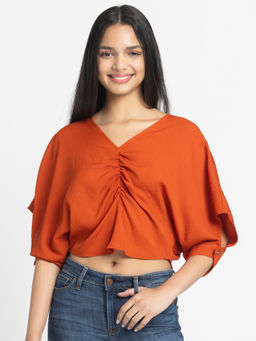 SHAYE - Rust V-Neck Solid Three-Quarter Sleeves Casual Crop Top