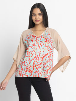SHAYE - Beige Round Neck Three-Quarter Sleeves Casual Top