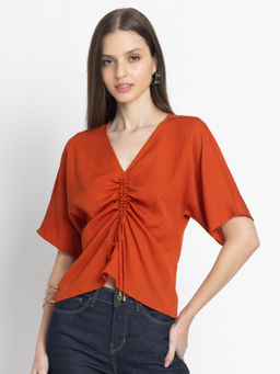 SHAYE - Rust V-Neck Solid Short Sleeves Casual Top