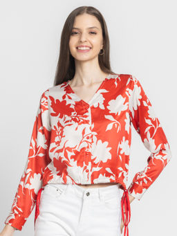 SHAYE - Red V-Neck Printed Full Sleeves Casual Crop Top