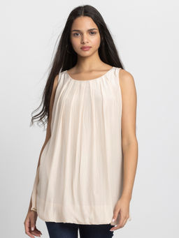 SHAYE - Beige Round Neck Solid Sleeveless Casual Top