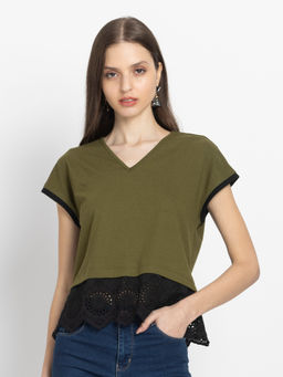 SHAYE - Olive Green V-Neck Embroidered Short Sleeves Casual Top