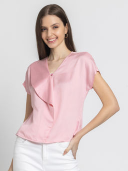 SHAYE - Pink V-Neck Solid Short Sleeves Casual Top