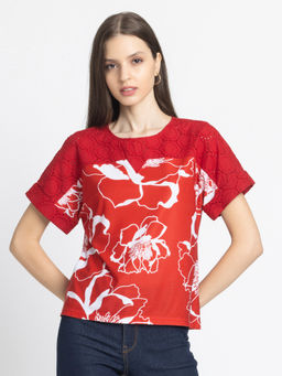 SHAYE - Red Round Neck Floral Print Short Sleeves Casual T-Shirt