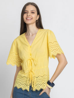 SHAYE - Yellow V-Neck Schiffli Short Sleeves Casual Top