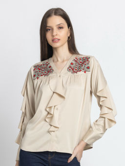 SHAYE - Beige V-Neck Embroidered Full Sleeves Casual Top