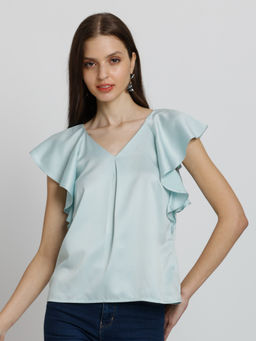 SHAYE - Blue V-Neck Solid Short Sleeves Casual Top