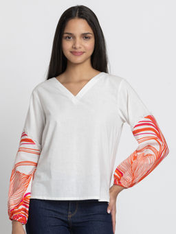 SHAYE - White V-Neck Printed Full Sleeves Casual Top