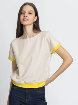 SHAYE - Beige Boat Neck Solid Short Sleeves Casual T-Shirt