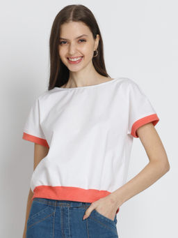 SHAYE - White Boat Neck Solid Short Sleeves Casual T-Shirt