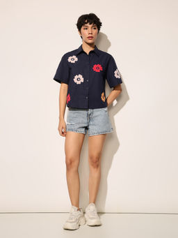 ONLY - Navy Blue Boxy Cropped Shirt