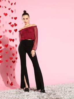 KASSUALLY - Maroon Solid Bardot Crop Top