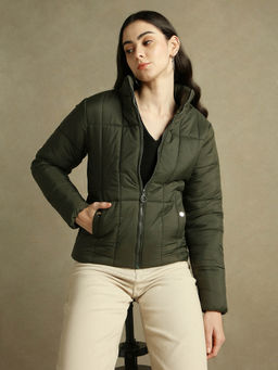DL WOMAN - Woman Olive Solid High Neck Full Sleeves Puffer Jacket