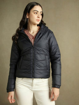 DL WOMAN - Woman Navy Blue Solid Hooded Full Sleeves Puffer Jacket