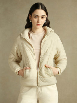 DL WOMAN - Woman Off White Solid Hooded Full Sleeves Puffer Jacket