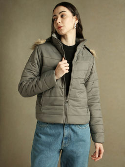 DL WOMAN - Woman Grey Solid Hooded Full Sleeves Puffer Jacket