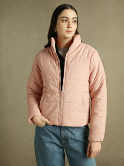 DL WOMAN - Woman Peach Solid High Neck Full Sleeves Puffer Jacket