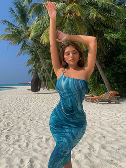 Outzidr - Blue Printed Bodycon Fit Dress