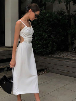 Outzidr - White Solid A-Line Fit Dress