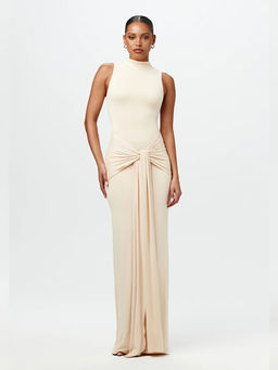 Outzidr - Beige Solid Bodycon Fit Dress