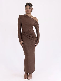 Outzidr - Brown Embellished Bodycon Fit Dress