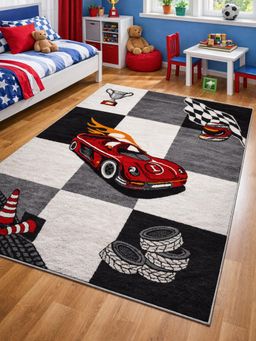 OBSESSIONS - Polypropylene Printed Kids Carpet Jute Backing - Black & Red (4x6 feet)
