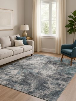 OBSESSIONS - Carpet Abstract Pattern Cotton Backing - Blue & Cream