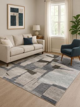 OBSESSIONS - Carpet Abstract Pattern Cotton Backing - Blue & Grey
