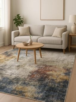 OBSESSIONS - Carpet Abstract Pattern Cotton Backing - Cream & Blue