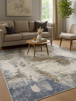 OBSESSIONS - Carpet Abstract Pattern Cotton Backing - Cream & Blue