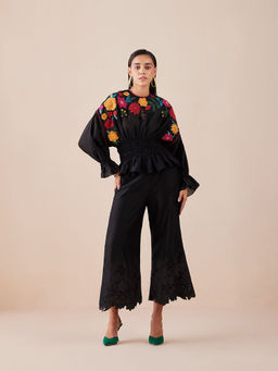 CHANDRIMA - Black Waist Ruched Applique Top