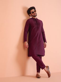 KISAH - Men Wine Pleated Ethnic Motifs Kurta