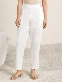 Libas - Off White Solid Cotton Trousers for Women
