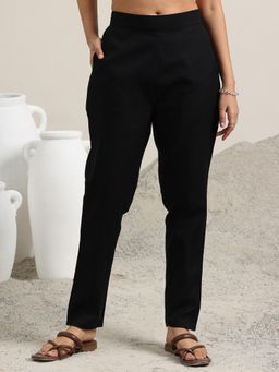 Libas - Black Solid Cotton Straight Fit Trousers for Women