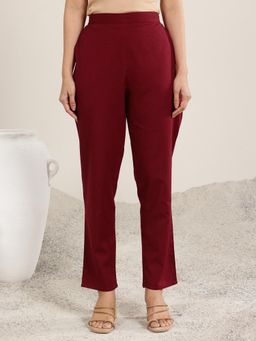 Libas - Red Solid Cotton Trousers for Women