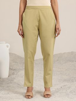 Libas - Beige Solid Cotton Trousers for Women