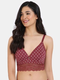 Zivame - X Monisha Jaising Padded Non Wired Medium Coverage Lace Bra - Maroon Print