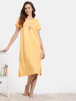 Zivame - Desi Drama Knit Cotton Mid Length Nightdress - Golden Haze