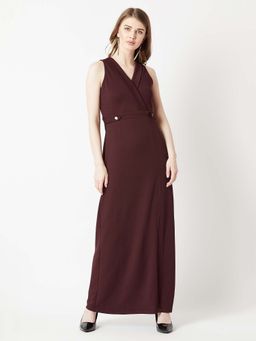 Miss Chase - Women's Wine Red V-Neck Sleeveless Solid Side Slit Wrap Maxi Dress