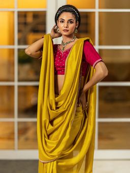 Libas - Mustard Solid Stone Work Saree with Unstitched Blouse