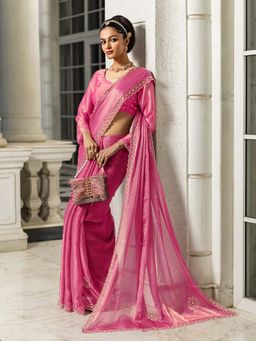 Libas - Pink Embellished Saree with Unstitched Blouse